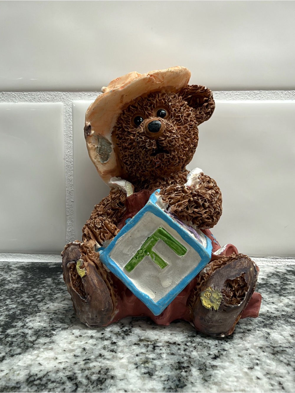 Vintage Brown Bear Figurine with Green Letter and Cream Hat - Home Accents